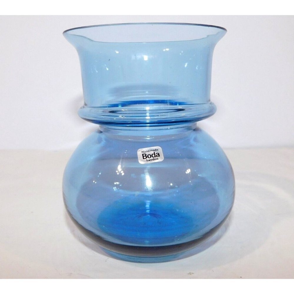 Vintage Kosta Boda Sweden 12cm Blue Glass Hurricane Candle holder Vase